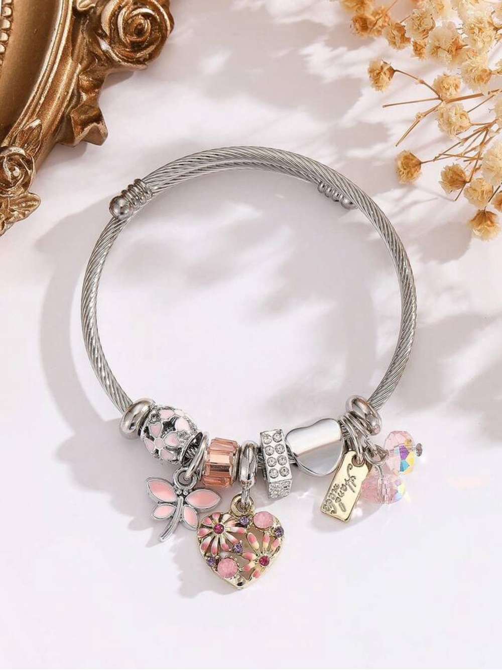 NEW Stainless Steel Silver Charm Bangle Bracelet | Pink Butterfly Heart